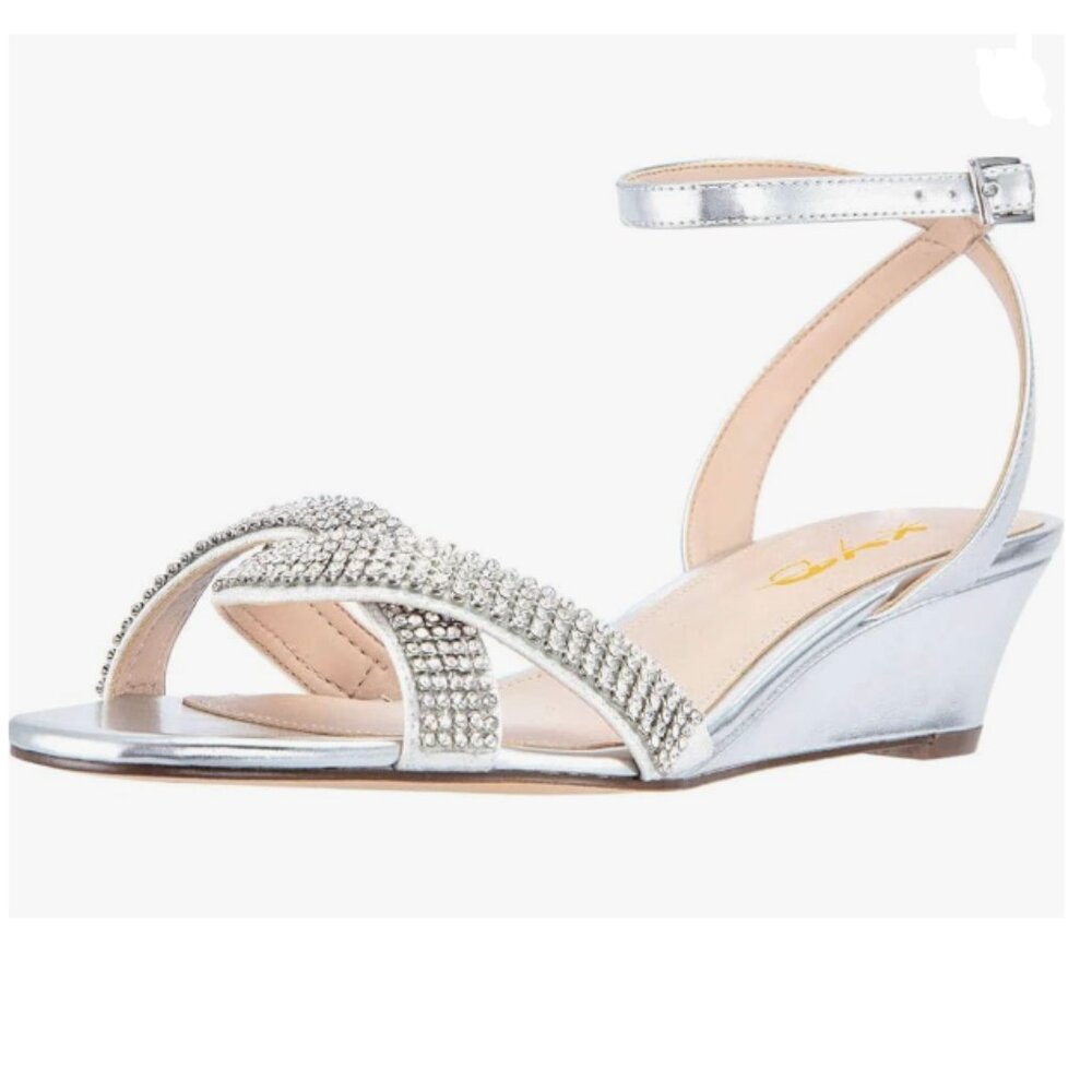 XYD Silver Strappy Wedges Open Toe Rhinestone Studded Low Heel Slingback Sandals